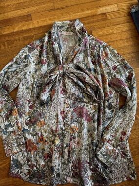 Tory Burch Floral Tie-Neck Blouse with Metallic Multicolor Print